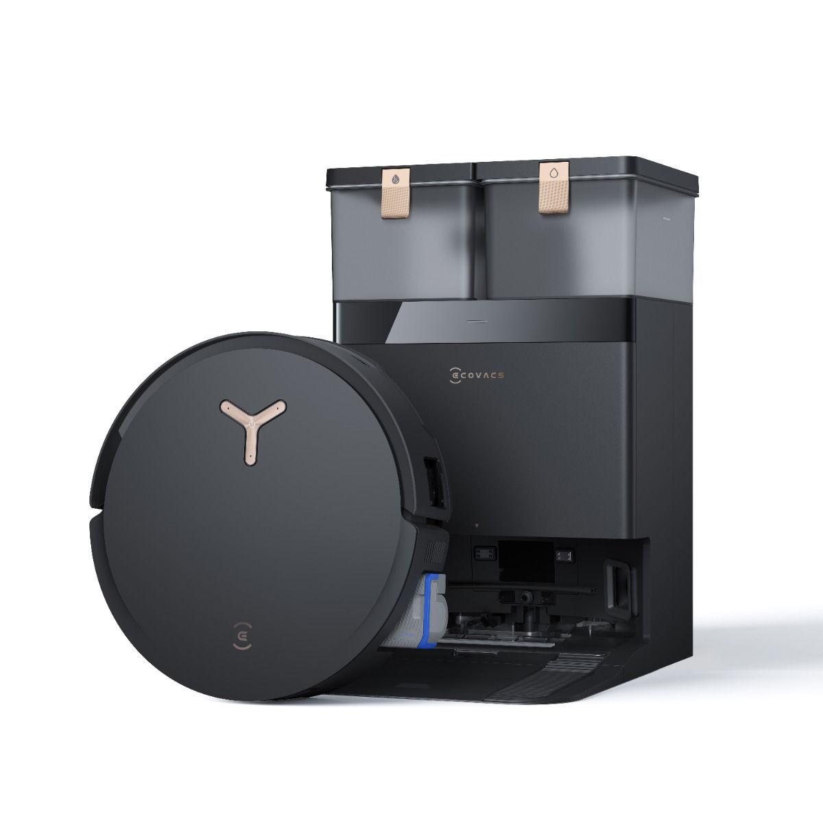 مكنسة وممسحة روبوتية من إيكوفاكس ديبوت إكس 8 برو أومني، 18000 باسكال، ممسحة أوزمو رولر ذاتية التنظيف الفوري، غسل بالماء الساخن 167 درجة فهرنهايت، إضافة محلول التنظيف التلقائي، تجفيف بالهواء الساخن، تفريغ ذاتي، أسود