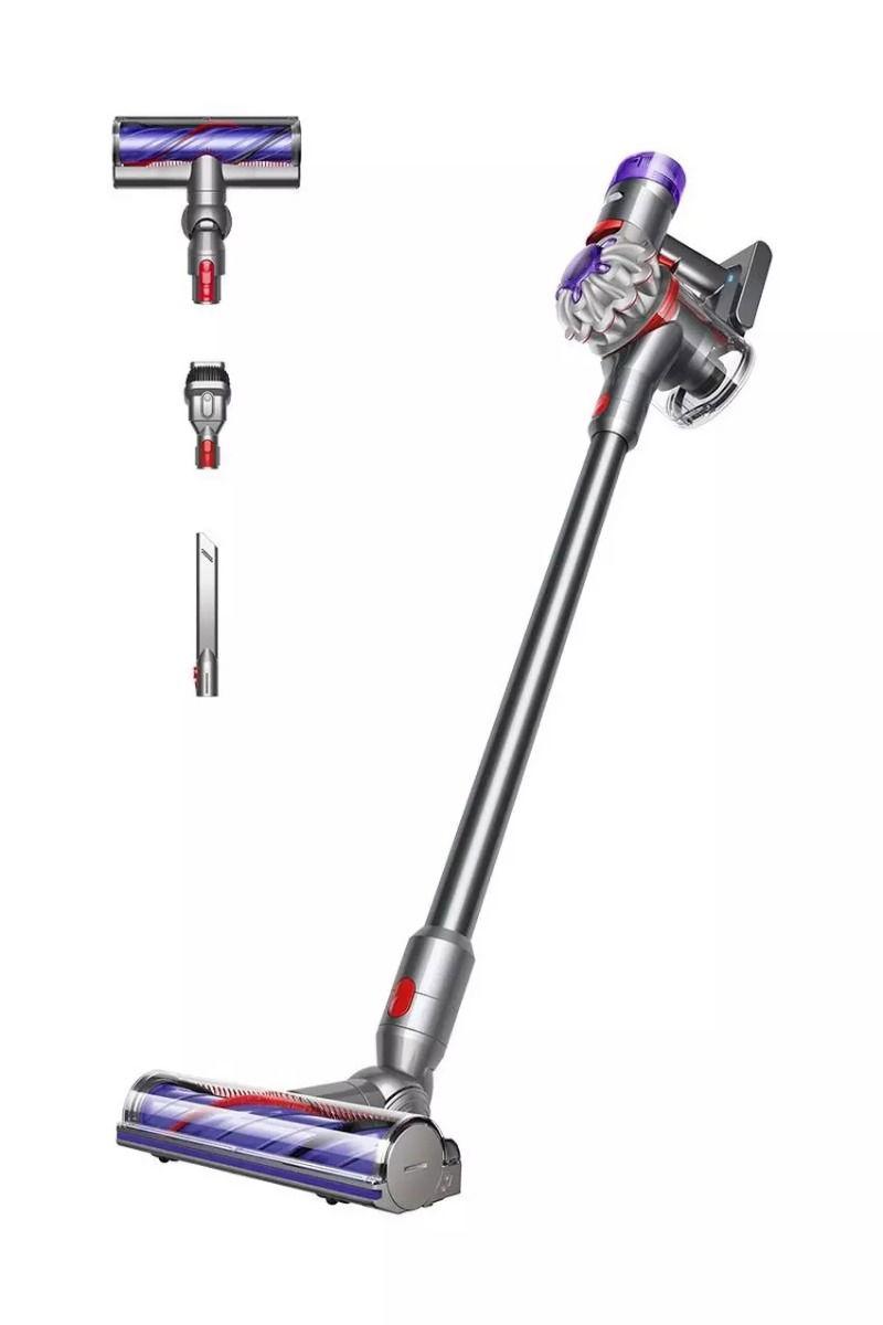 مكنسة Dyson V8 المتطورة اللاسلكية، بقوة 425 واط، تتحول إلى جهاز محمول باليد، تحتوي على 43 شفرة لإزالة الشعر، فلترة محكمة بالكامل، باللون الرمادي والبنفسجي