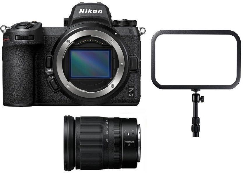 كاميرا نيكون Z6 II بدون مرآة هيكل فقط + عدسة نيكون Z 24-70 مم f/4 S + هدية مجانية مجموعة إضاءة LED للألعاب الإلكترونية من Godox ES45