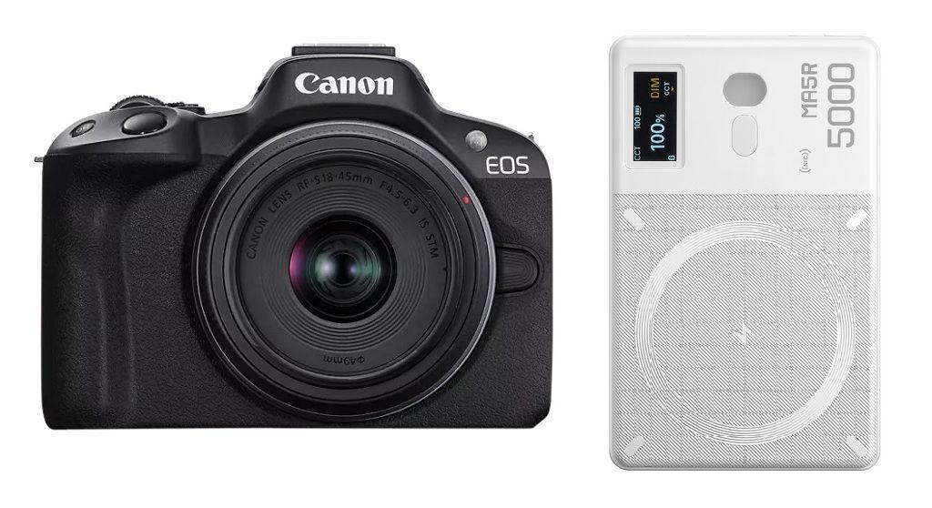 مجموعة عدسة كانون EOS R50 RF-S18-45mm F4.5-6.3 IS STM + هدية مجانية من جودوكس ضوء LED وبنك طاقة MA5R RGB (أبيض)