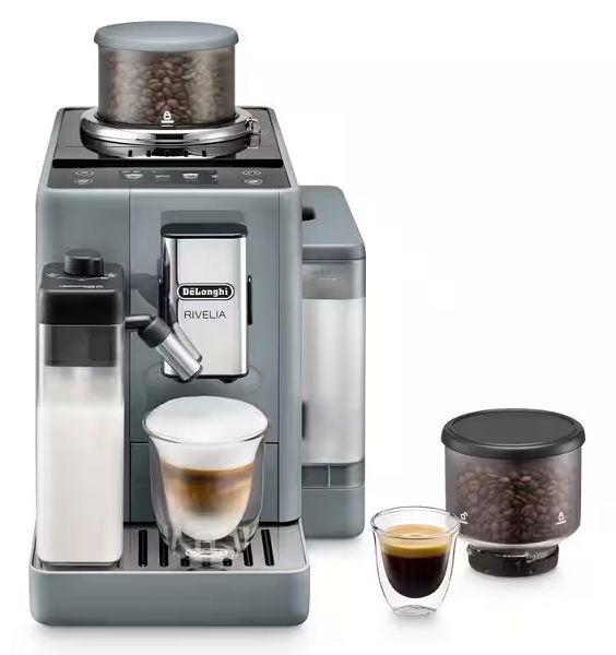 De'Longhi Rivelia, Fully Automatic Coffee Machine, Bean to Cup, with LatteCrema Hot, Automatic Milk Frother, Compact Size, 16 Recipes, 1450W, 1.4L, 19 Bar, Touch screen, EXAM440.55.B, Grey