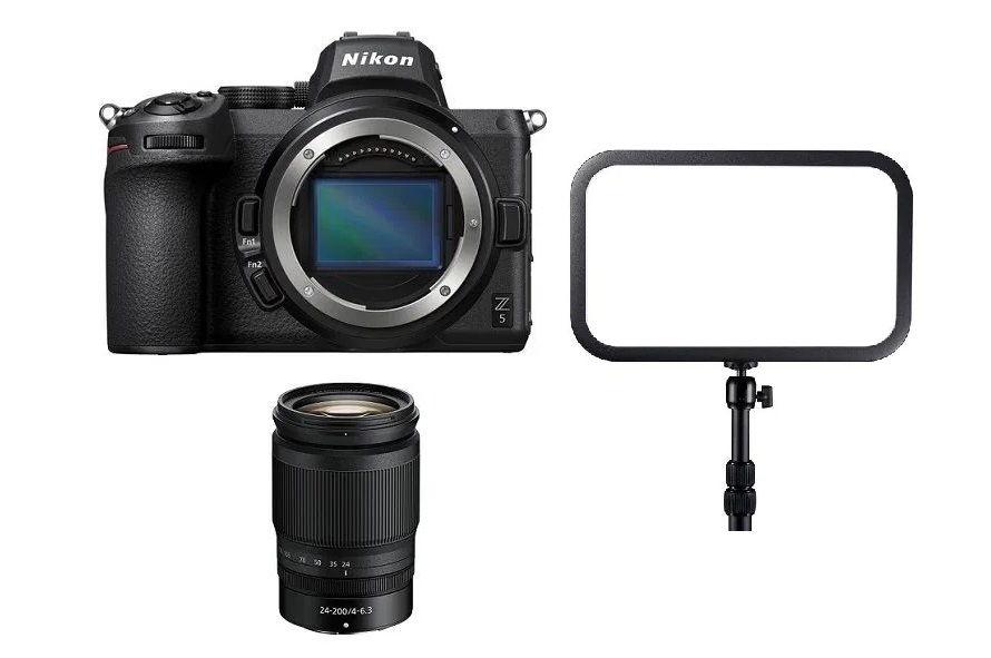 كاميرا نيكون Z5 بدون مرآة (VOA040AM) + عدسة 24-200 نيكون + هدية مجانية مجموعة إضاءة LED للألعاب الإلكترونية من Godox ES45