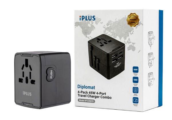 فيش شاحن سفري كومبو 45 واط 4 منافذ - 3 يو اس بي + منفذ بي دي (iP-CH670)