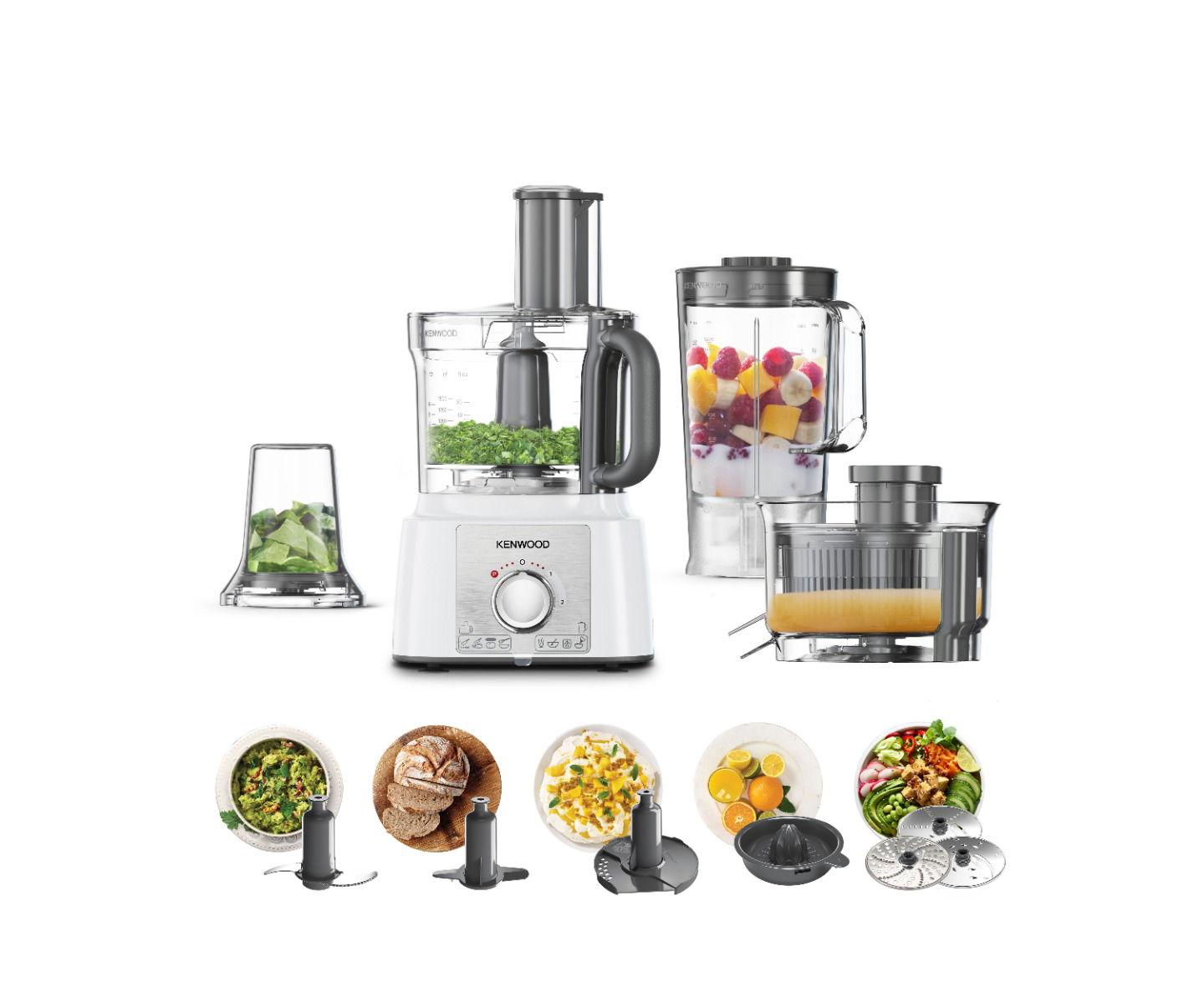 كينوود محضر طعام، 1000 واط، وعاء 3 لتر، خلاط 1.5 لتر، 11 ملحق، 3 أقراص ستانلس ستيل، خلاط، مطحنة، عصارة، خفق، صانع عجين، FDP65.750WH، أبيض