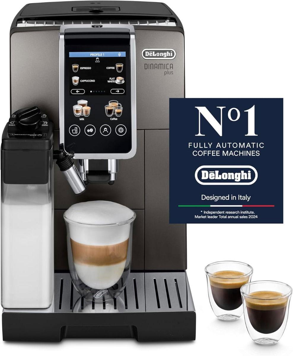 De'Longhi Dinamica Plus, Fully Automatic Coffee Machine, Bean to Cup, Ideal for Espresso, Americano, Cappuccino, Latte, Macchiato & Many More Coffee Recipes, 24+ Functions, 1450W, 1.8L, 15 Bar, Touch screen, ECAM380.95.TB, Grey