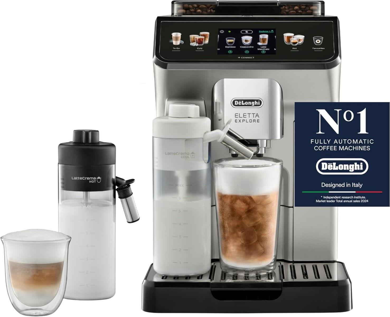 De'Longhi Eletta Explore, Fully Automatic Coffee machine, Bean to Cup, Built In Grinder, Latte Crema Hot and Cool, Automatic Milk Frother, 1450W, 1.8L, 19 Bar, Touch screen, App Connectivity, ECAM450.65.S, Metal
