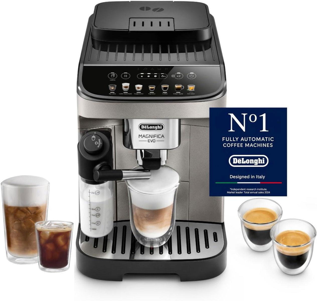 De'Longhi Magnifica Evo, Fully Automatic Coffee Machine, Bean to Cup, Ideal for Espresso, Americano, Cappuccino, Latte, Macchiato & Many More Coffee Recipes, 9+ Functions, 1450W, 1.8L, 15 Bar, ECAM290.81.TB, Grey