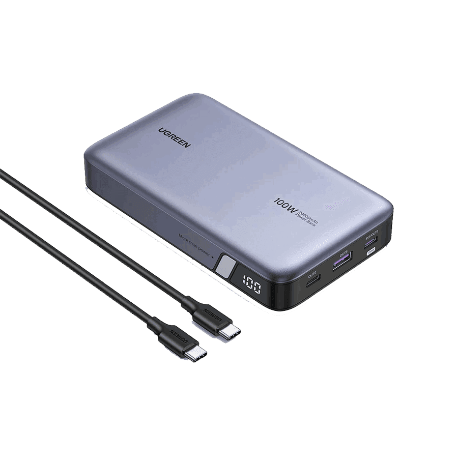 شاحن متنقل يوجرين ثنائي الاتجاه للشحن السريع، سعة 20000 مللي أمبير، قدرة 100 واط، مزود بمنفذي USB-C ومنفذ USB-A، رقم الموديل 25188، لون رمادي