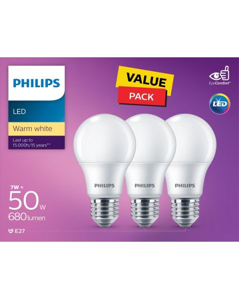 Philips LED Non Dimmable Bulb 7W E27 3000K 3PCS