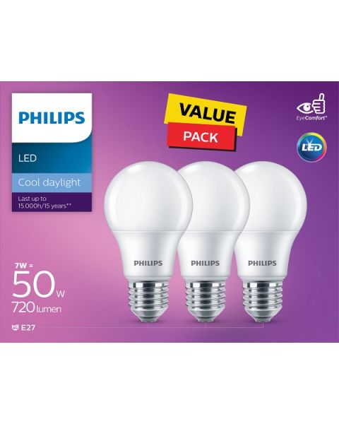 Philips LED Non Dimmable Bulb 7W E27 6500K  3PCS