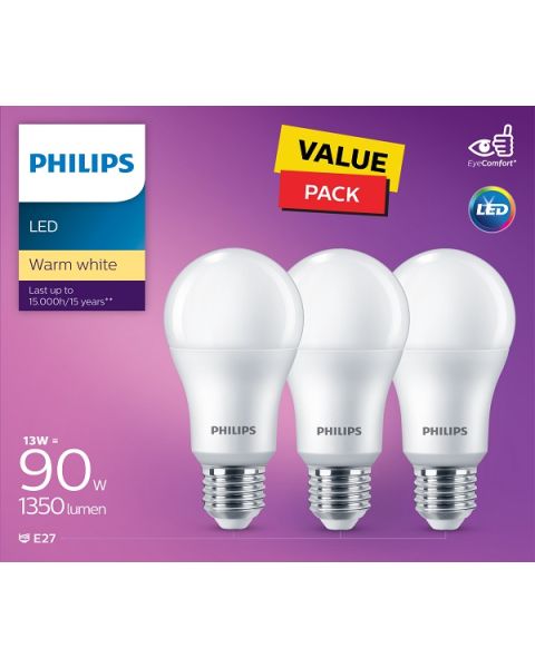 Philips LED Non Dimmable Bulb 13W E27 3000K 3PCS