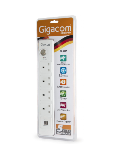 Gigacom Power Strip/Extension With Surge Protector - 4 Socket+2 USB Port (GC432A)